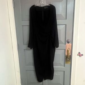 ASOS BLACK Curve Square Neck Flutted Sleeve Knot Detail High Slit Long Maxi Dres